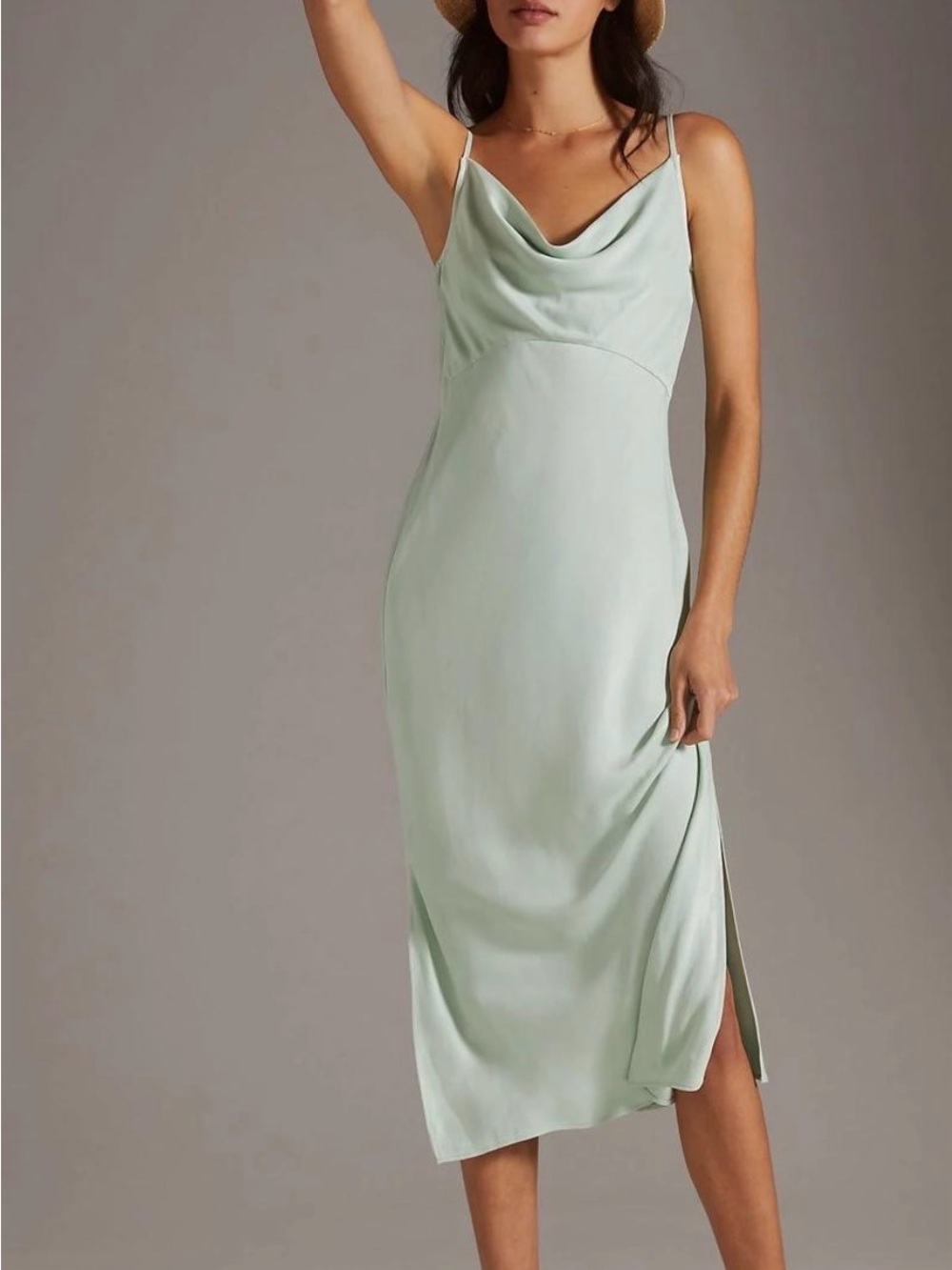 Anthropologie Light Mint Satin Slip Dress with Cowl Neck